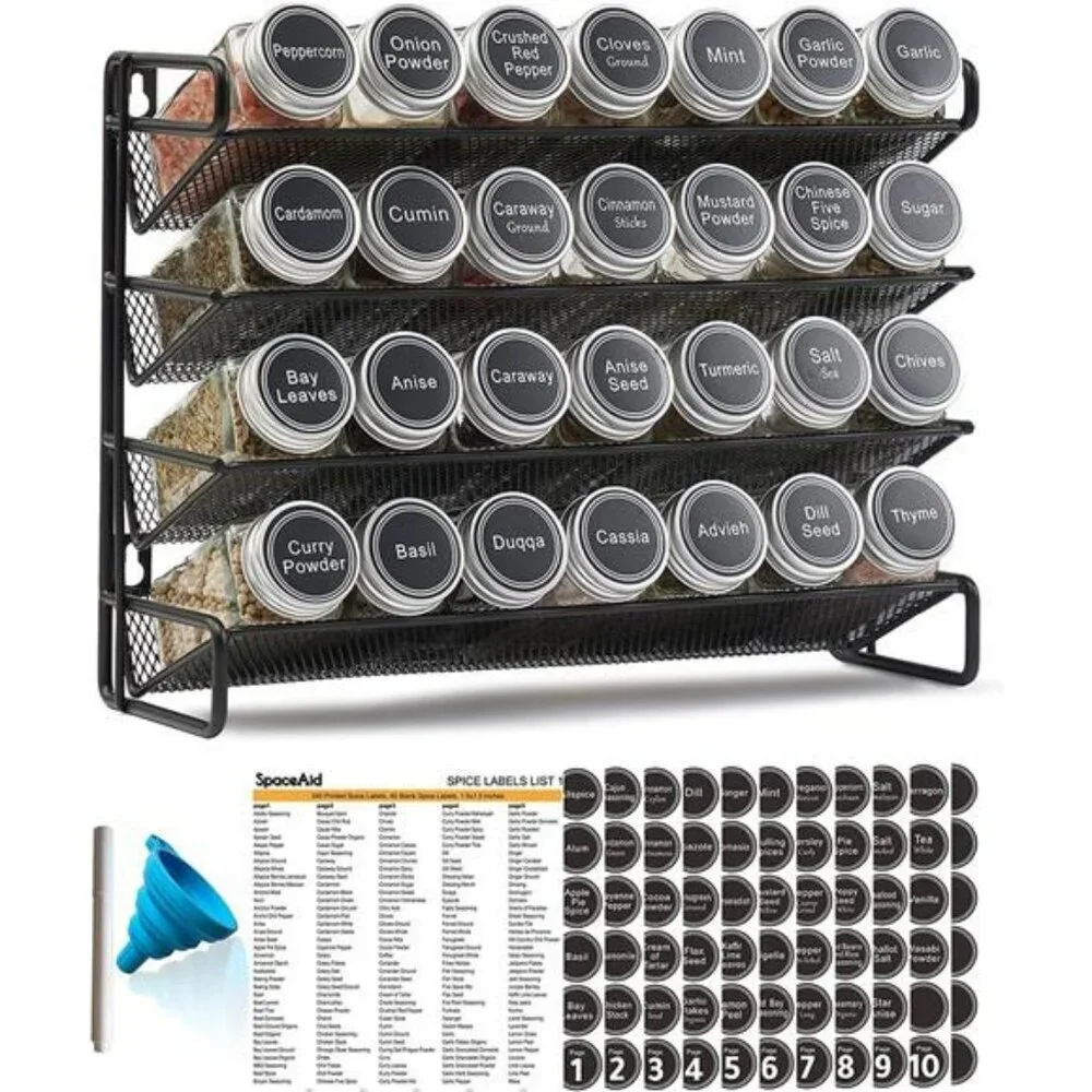 4 tier spice rack with 28 glass jars labels funnel kitchen cabinet pantry storag